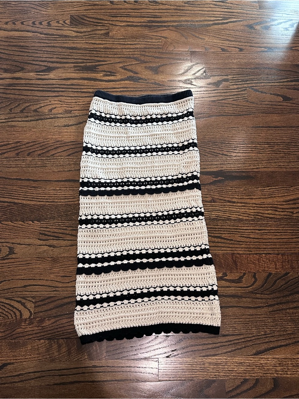 Sincerely Jules striped Summer Crochet Knit Midi Skirt in Cream and Black